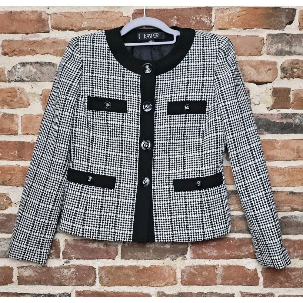 Kasper Jacket Blazer Houndstooth Black White Womens Size 2 Petite Classy Preppy